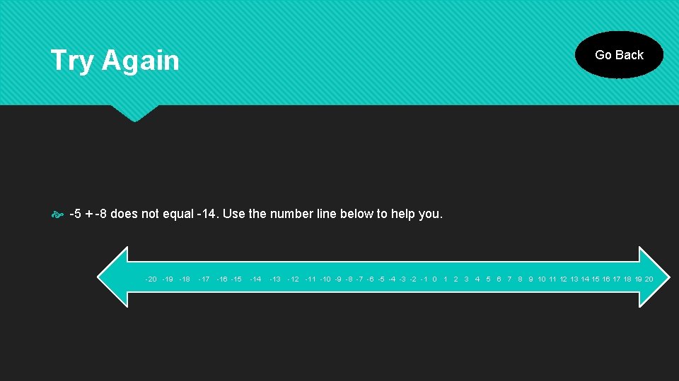 Try Again Go Back -5 + -8 does not equal -14. Use the number