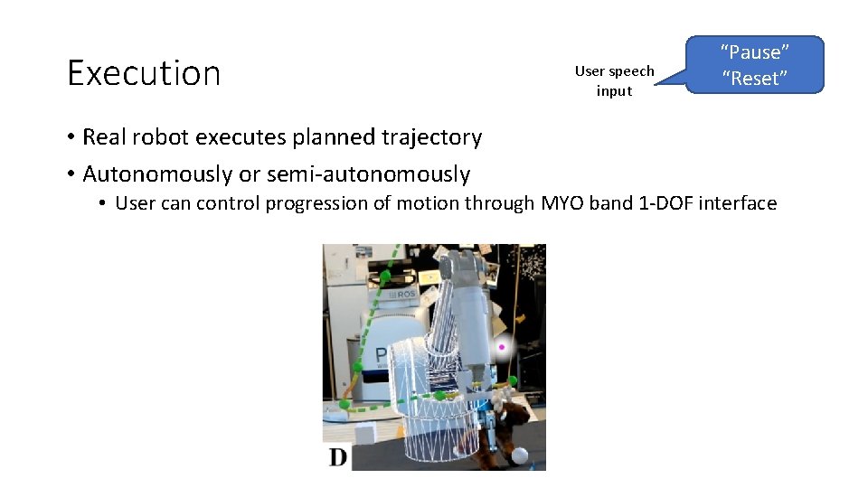 Execution User speech input “Pause” “Reset” • Real robot executes planned trajectory • Autonomously