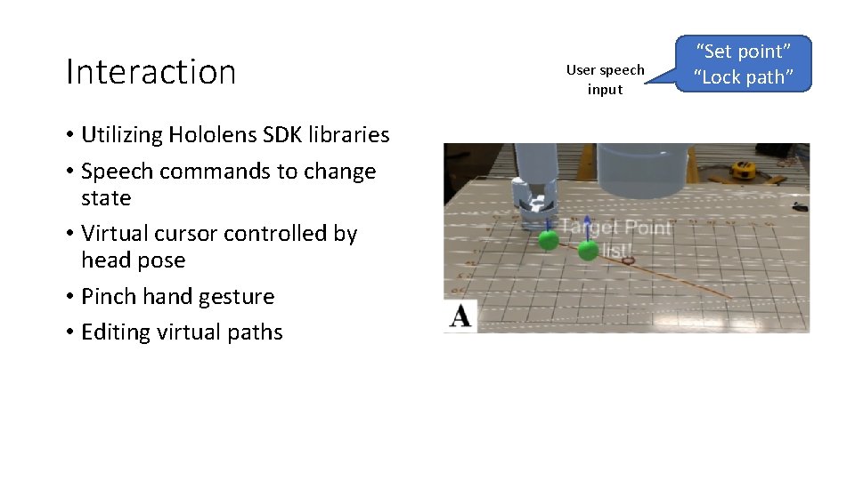 Interaction • Utilizing Hololens SDK libraries • Speech commands to change state • Virtual