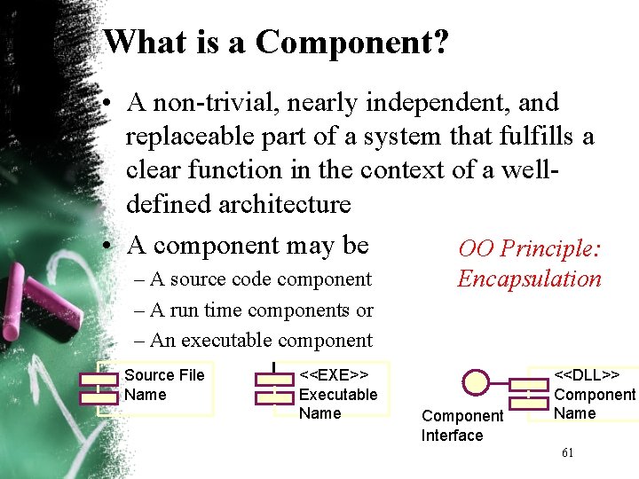 What is a Component? • A non trivial, nearly independent, and replaceable part of What is a Component? • A non trivial, nearly independent, and replaceable part of