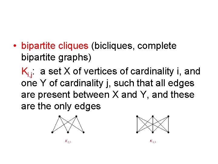  • bipartite cliques (bicliques, complete bipartite graphs) Ki, j: a set X of