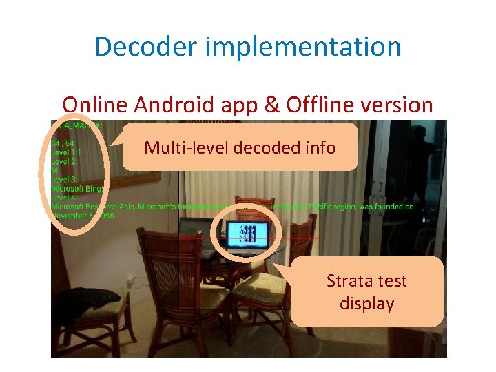 Decoder implementation Online Android app & Offline version Multi-level decoded info Strata test display