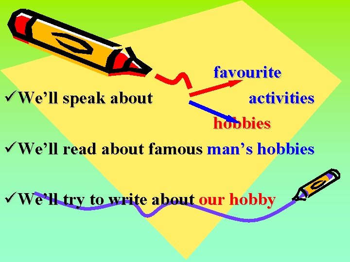 favourite We’ll speak about activities hobbies We’ll read about famous man’s hobbies We’ll try