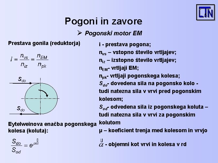 Pogoni in zavore Ø Pogonski motor EM Prestava gonila (reduktorja) i - prestava pogona;