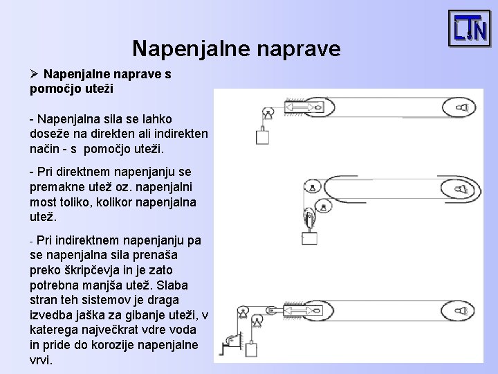Napenjalne naprave Ø Napenjalne naprave s pomočjo uteži - Napenjalna sila se lahko doseže