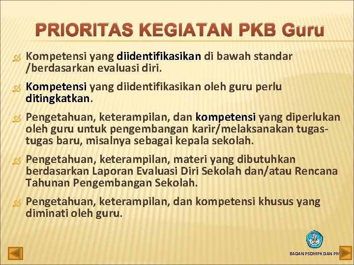 PRIORITAS KEGIATAN PKB Guru Kompetensi yang diidentifikasikan di bawah standar /berdasarkan evaluasi diri. Kompetensi