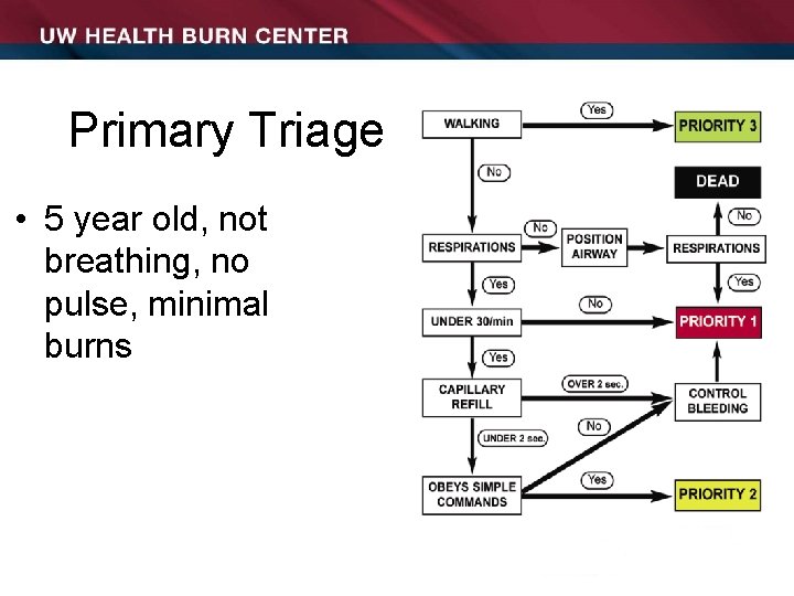 Primary Triage • 5 year old, not breathing, no pulse, minimal burns 