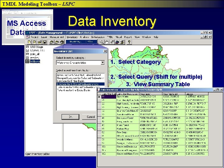 TMDL Modeling Toolbox – LSPC MS Access Database Data Inventory 1. Select Category 2. TMDL Modeling Toolbox – LSPC MS Access Database Data Inventory 1. Select Category 2.