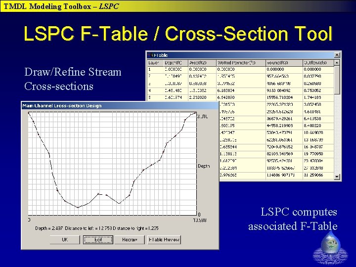TMDL Modeling Toolbox – LSPC F-Table / Cross-Section Tool Draw/Refine Stream Cross-sections LSPC computes TMDL Modeling Toolbox – LSPC F-Table / Cross-Section Tool Draw/Refine Stream Cross-sections LSPC computes