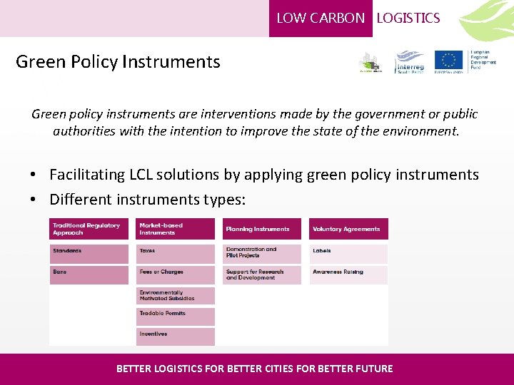 LOW CARBON LOGISTICS Green Policy Instruments Green policy instruments are interventions made by the