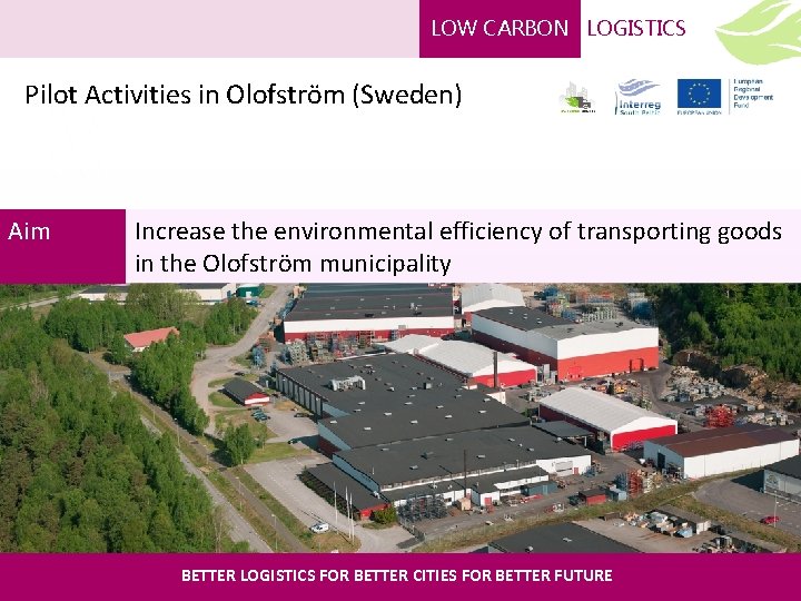 LOW CARBON LOGISTICS Pilot Activities in Olofström (Sweden) Aim Increase the environmental efficiency of