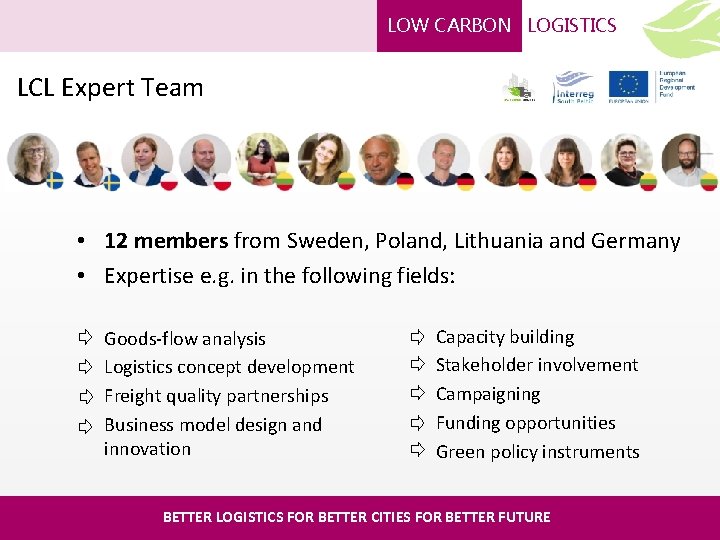 LOW CARBON LOGISTICS LCL Expert Team • 12 members from Sweden, Poland, Lithuania and