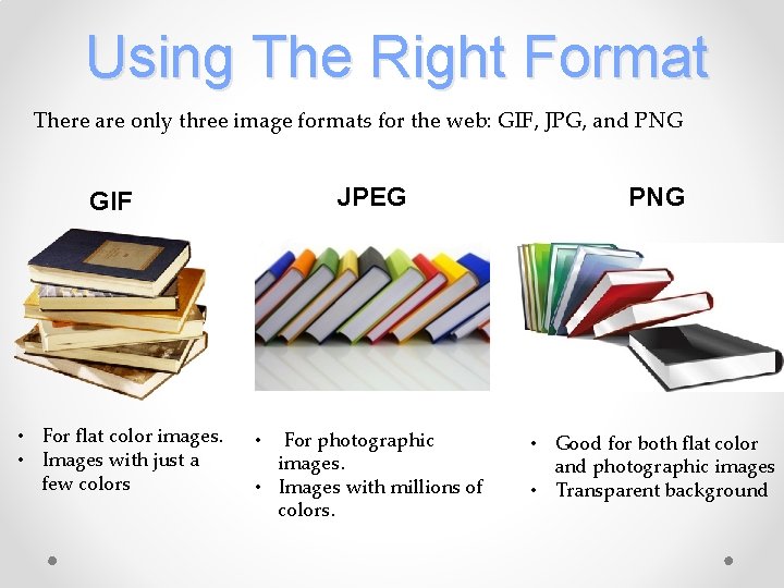 Using The Right Format There are only three image formats for the web: GIF,