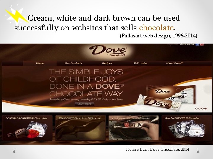 Cream, white and dark brown can be used successfully on websites that sells chocolate.