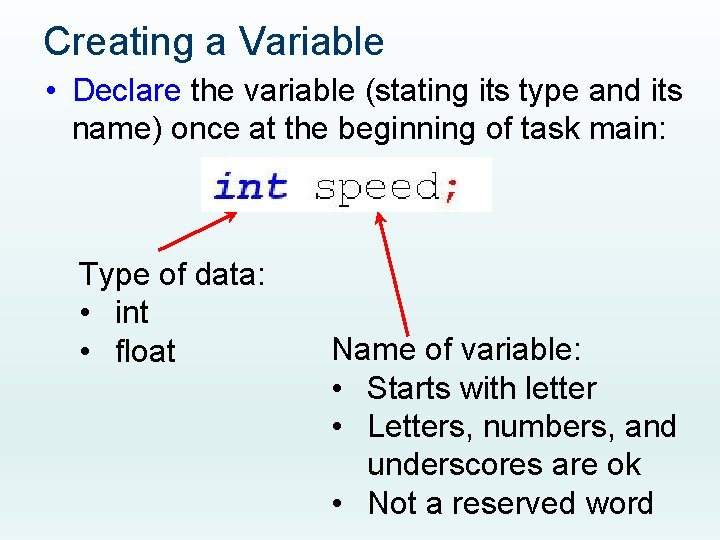 Creating a Variable • Declare the variable (stating its type and its name) once