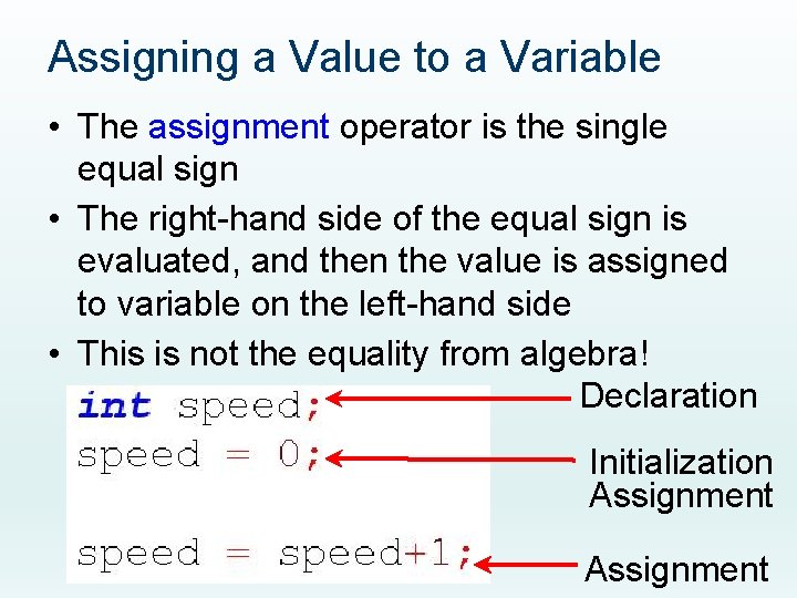Assigning a Value to a Variable • The assignment operator is the single equal