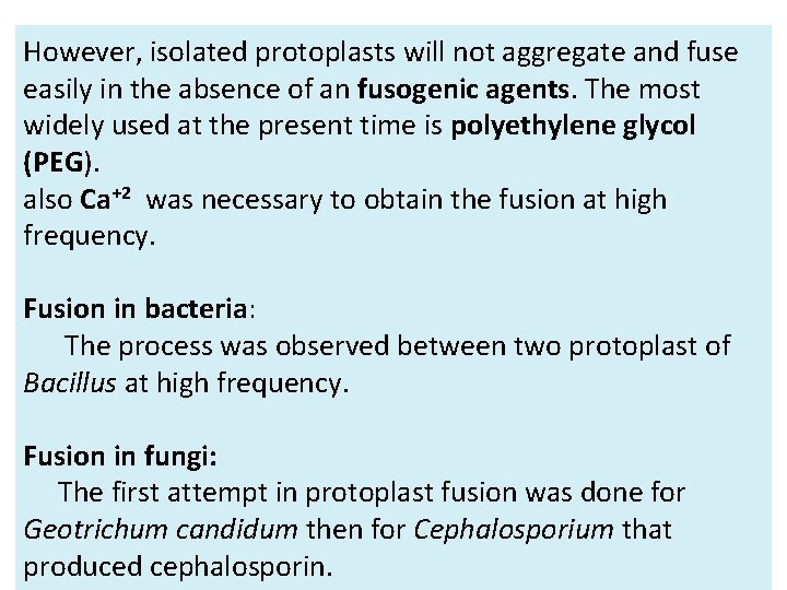 However, isolated protoplasts will not aggregate and fuse easily in the absence of an