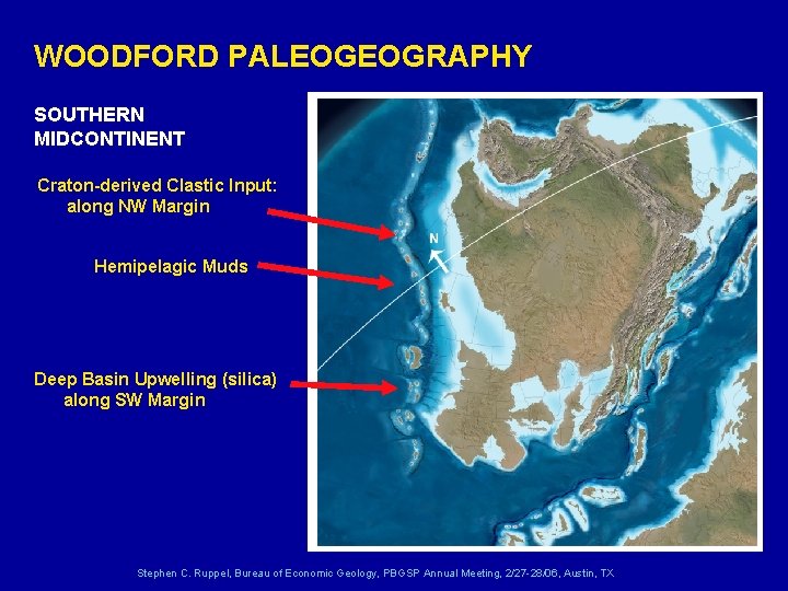 WOODFORD PALEOGEOGRAPHY SOUTHERN MIDCONTINENT Craton-derived Clastic Input: along NW Margin Hemipelagic Muds Deep Basin