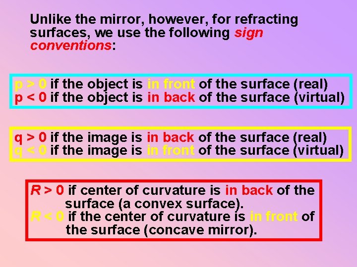 Unlike the mirror, however, for refracting surfaces, we use the following sign conventions: p