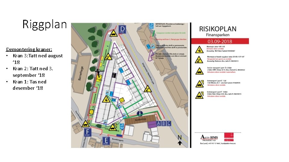 Riggplan Demontering kraner: • Kran 3: Tatt ned august ‘ 18 • Kran 2: