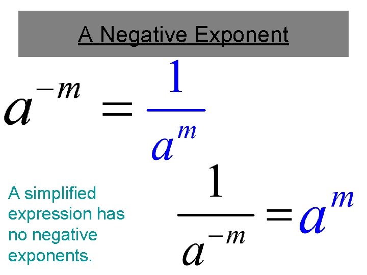 A Negative Exponent A simplified expression has no negative exponents. A Negative Exponent A simplified expression has no negative exponents.