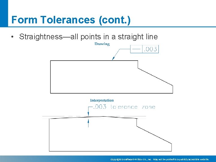 Form Tolerances (cont. ) • Straightness—all points in a straight line Copyright Goodheart-Willcox Co. Form Tolerances (cont. ) • Straightness—all points in a straight line Copyright Goodheart-Willcox Co.