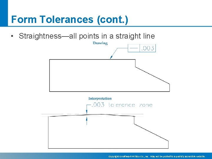 Form Tolerances (cont. ) • Straightness—all points in a straight line Copyright Goodheart-Willcox Co.