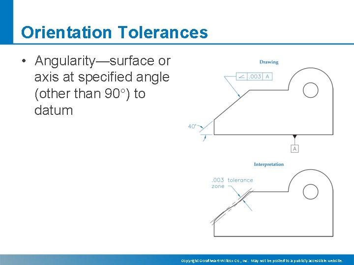 Orientation Tolerances • Angularity—surface or axis at specified angle (other than 90 ) to