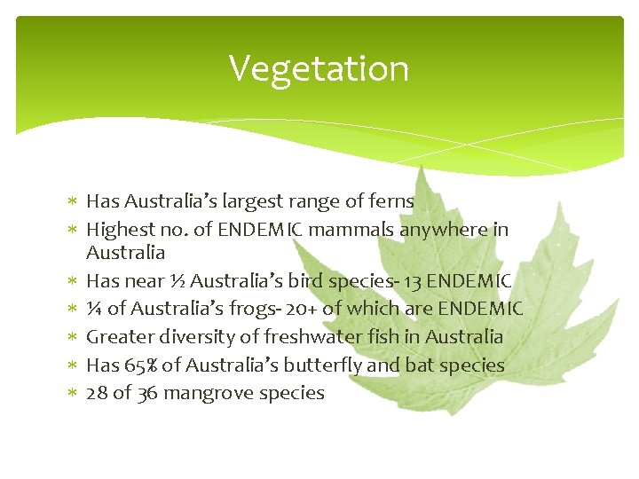 Vegetation Has Australia’s largest range of ferns Highest no. of ENDEMIC mammals anywhere in