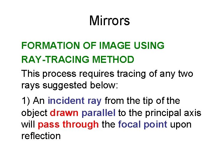 Mirrors FORMATION OF IMAGE USING RAY-TRACING METHOD This process requires tracing of any two