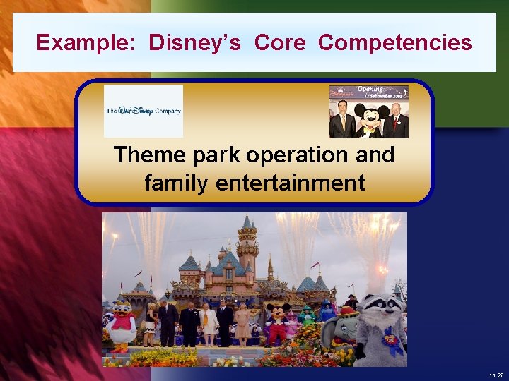 Example: Disney’s Core Competencies Theme park operation and family entertainment 11 -27 