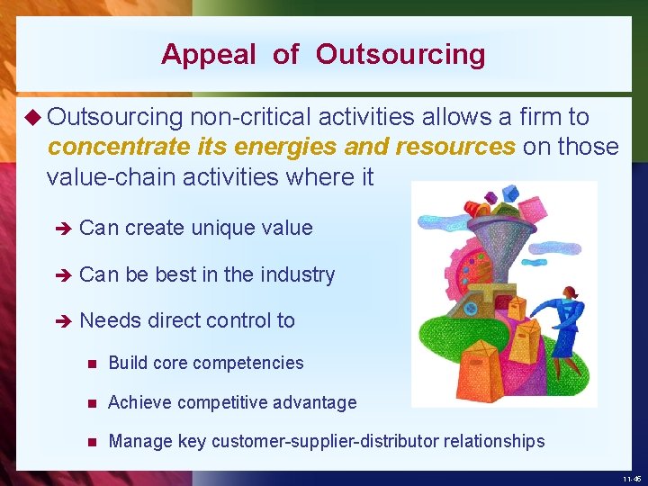 Appeal of Outsourcing u Outsourcing non-critical activities allows a firm to concentrate its energies