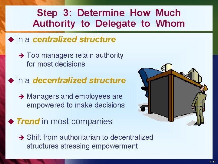 Step 3: Determine How Much Authority to Delegate to Whom u In a centralized