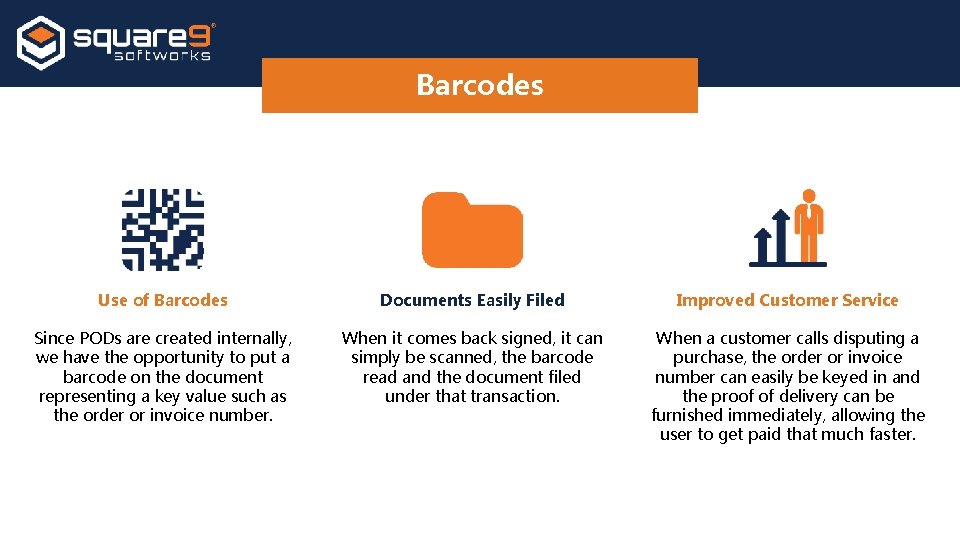 Barcodes Use of Barcodes Documents Easily Filed Improved Customer Service Since PODs are created