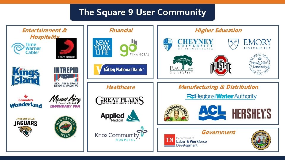 The Square 9 User Community Entertainment & Hospitality Financial Higher Education Healthcare Manufacturing &