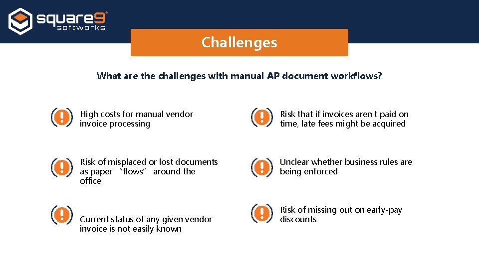 Challenges What are the challenges with manual AP document workflows? High costs for manual