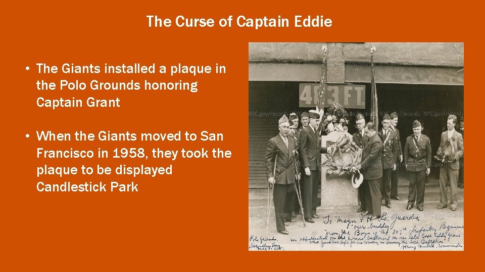 The Curse of Captain Eddie • The Giants installed a plaque in the Polo