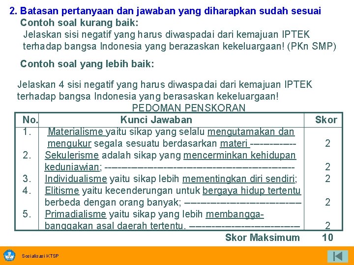 2. Batasan pertanyaan dan jawaban yang diharapkan sudah sesuai Contoh soal kurang baik: Jelaskan