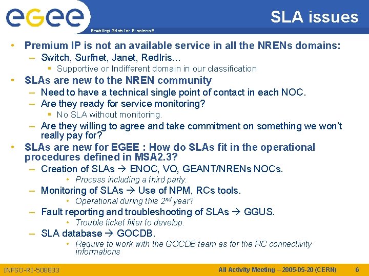 SLA issues Enabling Grids for E-scienc. E • Premium IP is not an available