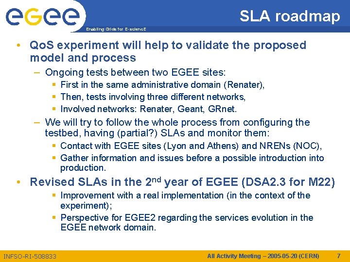 SLA roadmap Enabling Grids for E-scienc. E • Qo. S experiment will help to