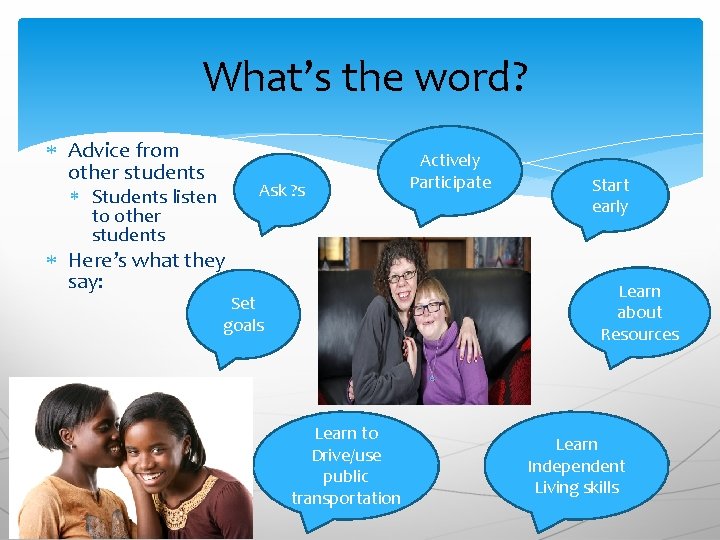 What’s the word? Advice from other students Students listen to other students Ask ?