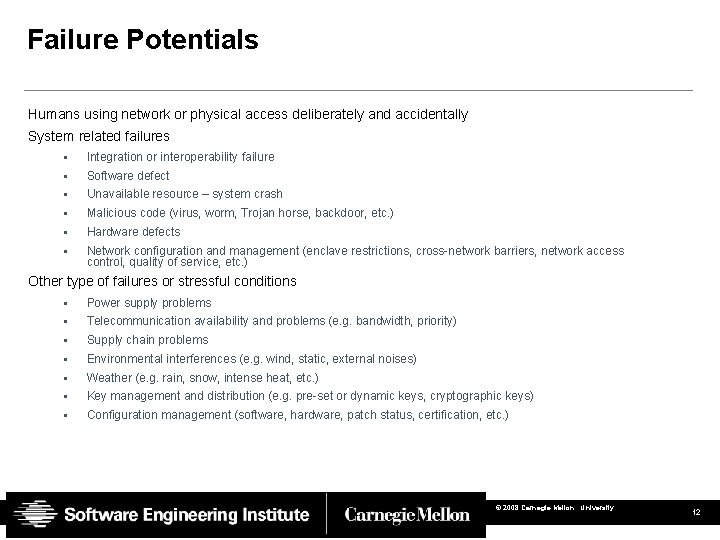 Failure Potentials Humans using network or physical access deliberately and accidentally System related failures