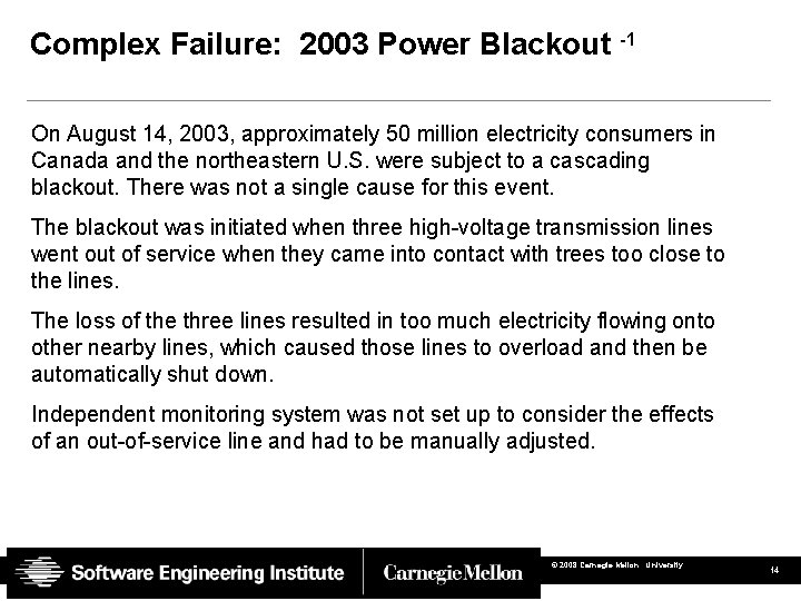 Complex Failure: 2003 Power Blackout -1 On August 14, 2003, approximately 50 million electricity