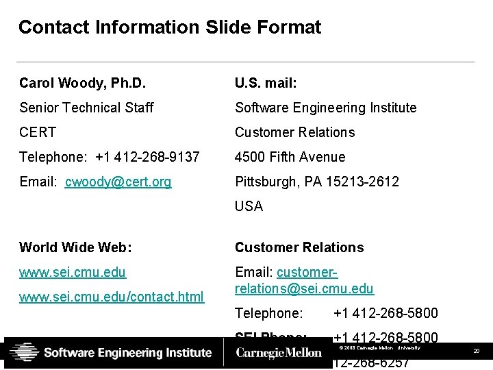 Contact Information Slide Format Carol Woody, Ph. D. U. S. mail: Senior Technical Staff