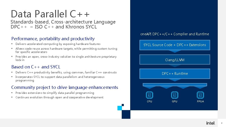 Data Parallel C++ Standards-based, Cross-architecture Language DPC++ = ISO C++ and Khronos SYCL Performance,