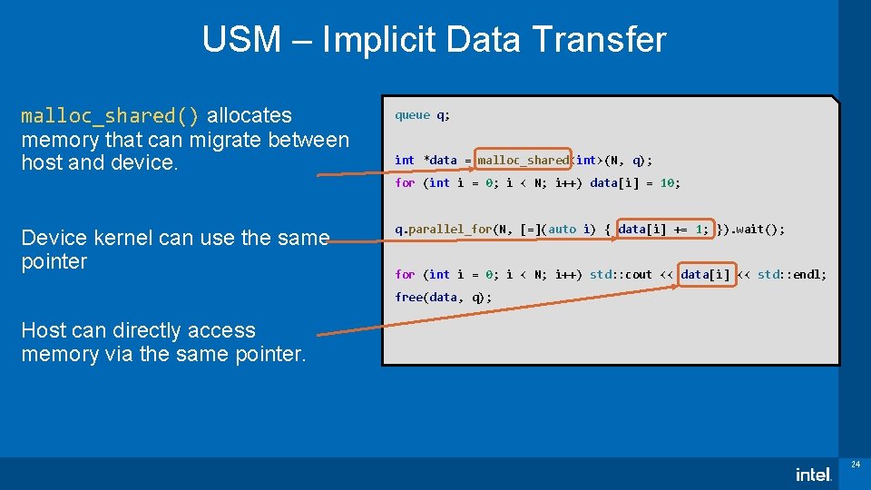 USM – Implicit Data Transfer malloc_shared() allocates memory that can migrate between host and