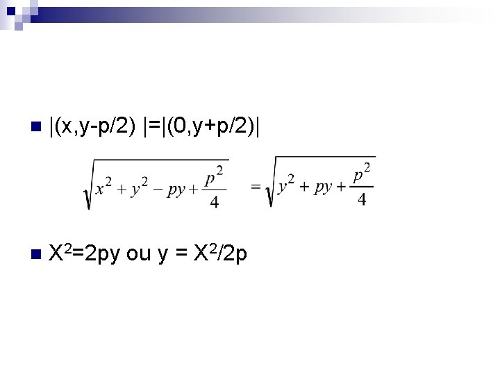 n |(x, y-p/2) |=|(0, y+p/2)| n X 2=2 py ou y = X 2/2