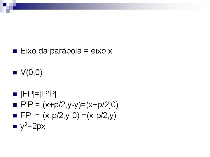 n Eixo da parábola = eixo x n V(0, 0) n |FP|=|P’P| P’P =