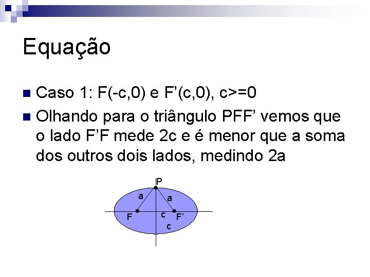 Equação Caso 1: F(-c, 0) e F’(c, 0), c>=0 n Olhando para o triângulo