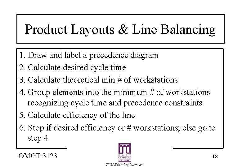 Product Layouts & Line Balancing 1. Draw and label a precedence diagram 2. Calculate
